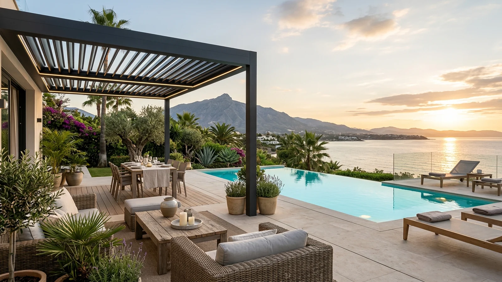 Luxury villa terrace with a bioclimatic pergola and infinity pool overlooking the Mediterranean at sunset on the Costa Blanca