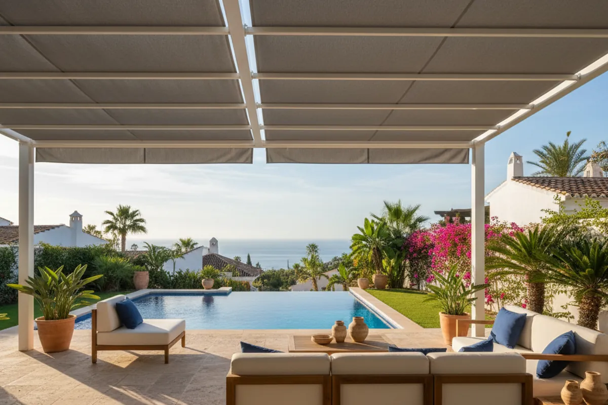 Instalación de toldos en una terraza mediterránea en Benalmádena, Málaga