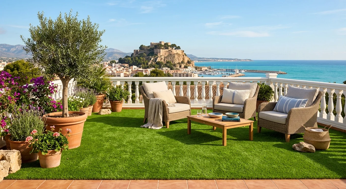 Artificial Grass & Landscaping setup on a Mediterranean terrace in Denia, Costa Blanca