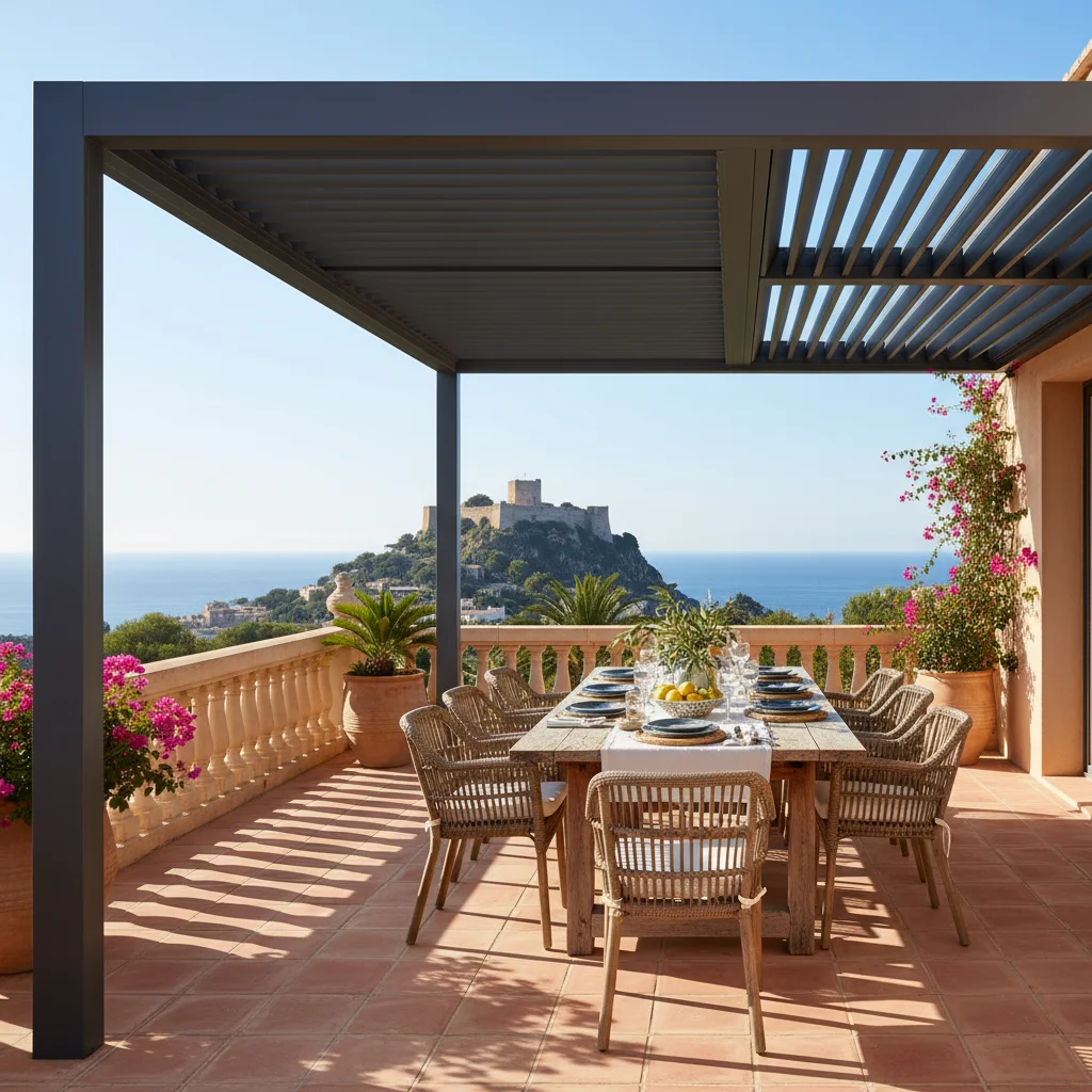 Bioclimatic Pergolas setup on a Mediterranean terrace in Denia, Costa Blanca
