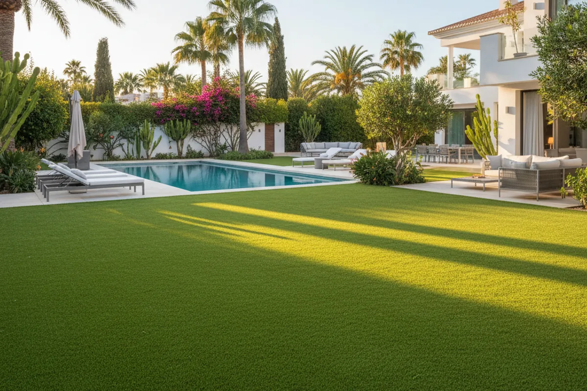 Instalación de césped artificial en una terraza mediterránea en Estepona, Málaga