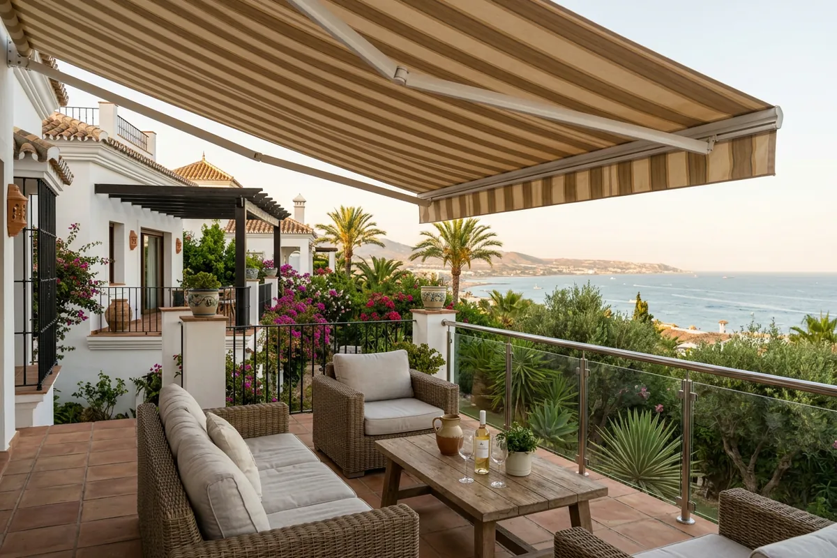 Instalación de toldos en una terraza mediterránea en Fuengirola, Málaga