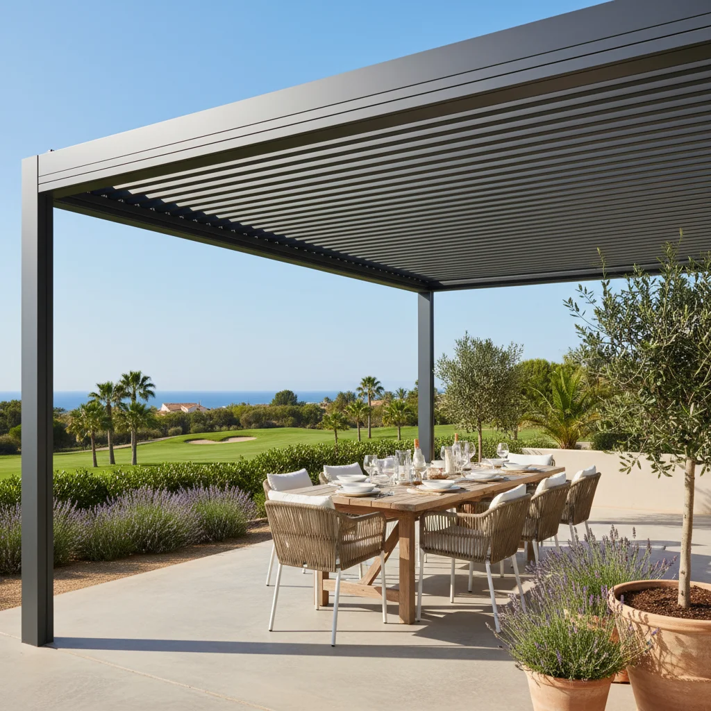 Bioclimatic Pergolas setup on a Mediterranean terrace in Los Montesinos, Costa Blanca