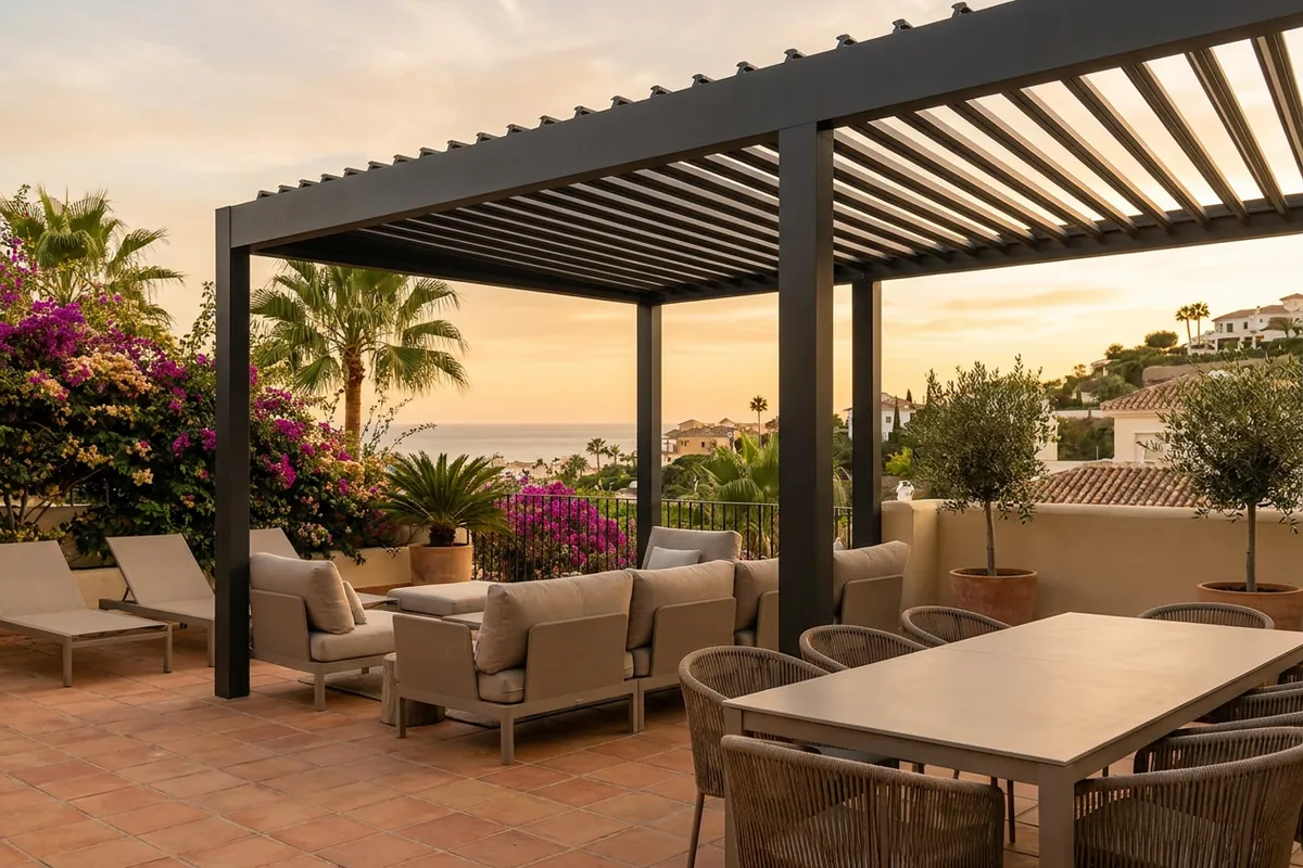Instalación de pérgolas bioclimáticas en una terraza mediterránea en Málaga, Málaga