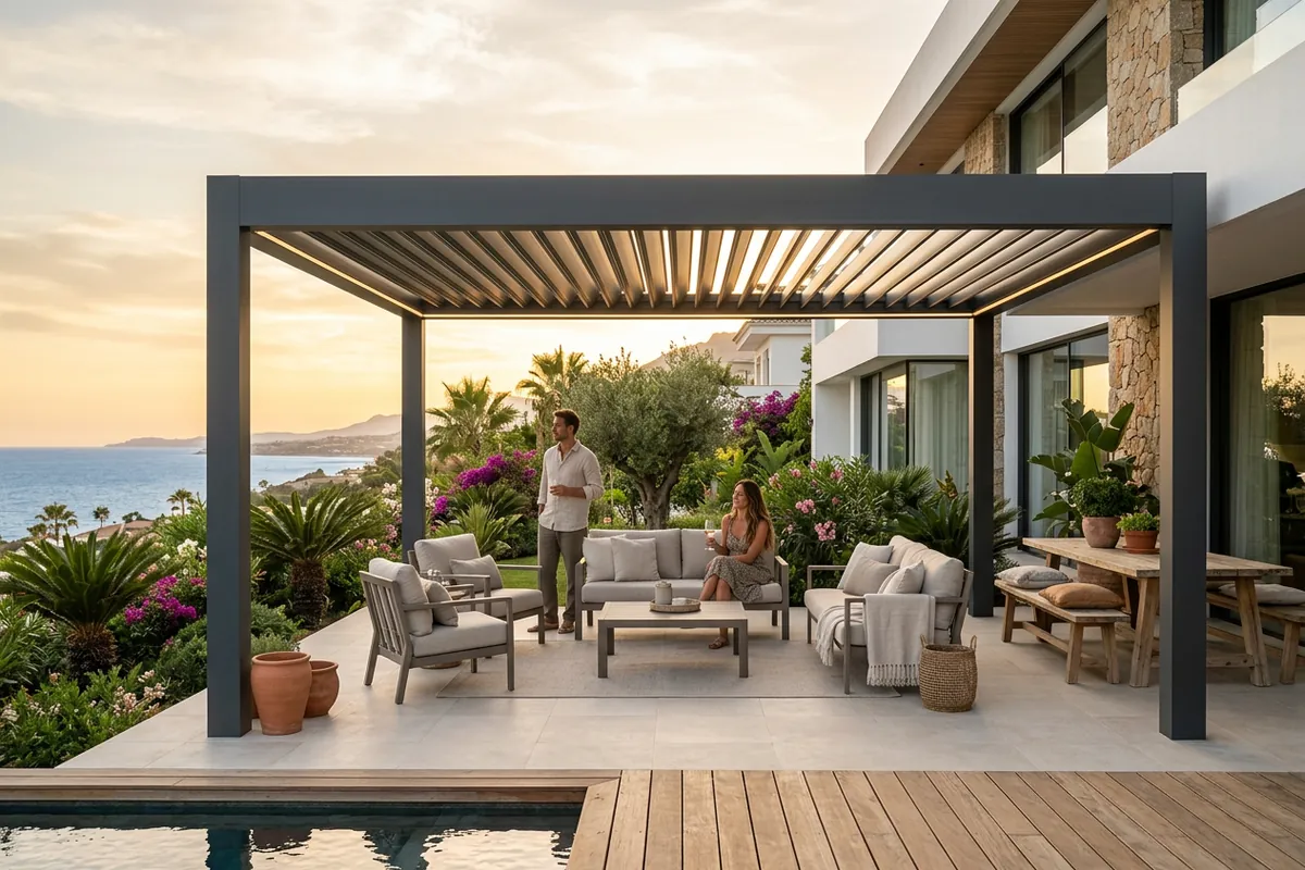 Instalación de pérgolas bioclimáticas en una terraza mediterránea en Marbella, Málaga