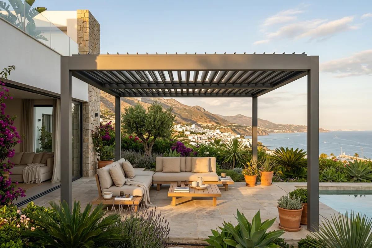 Instalación de pérgolas bioclimáticas en una terraza mediterránea en Mijas, Málaga