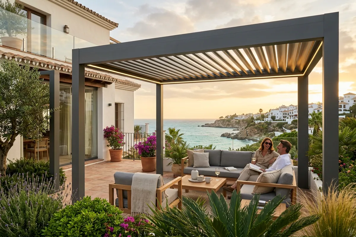 Instalación de pérgolas bioclimáticas en una terraza mediterránea en Nerja, Málaga