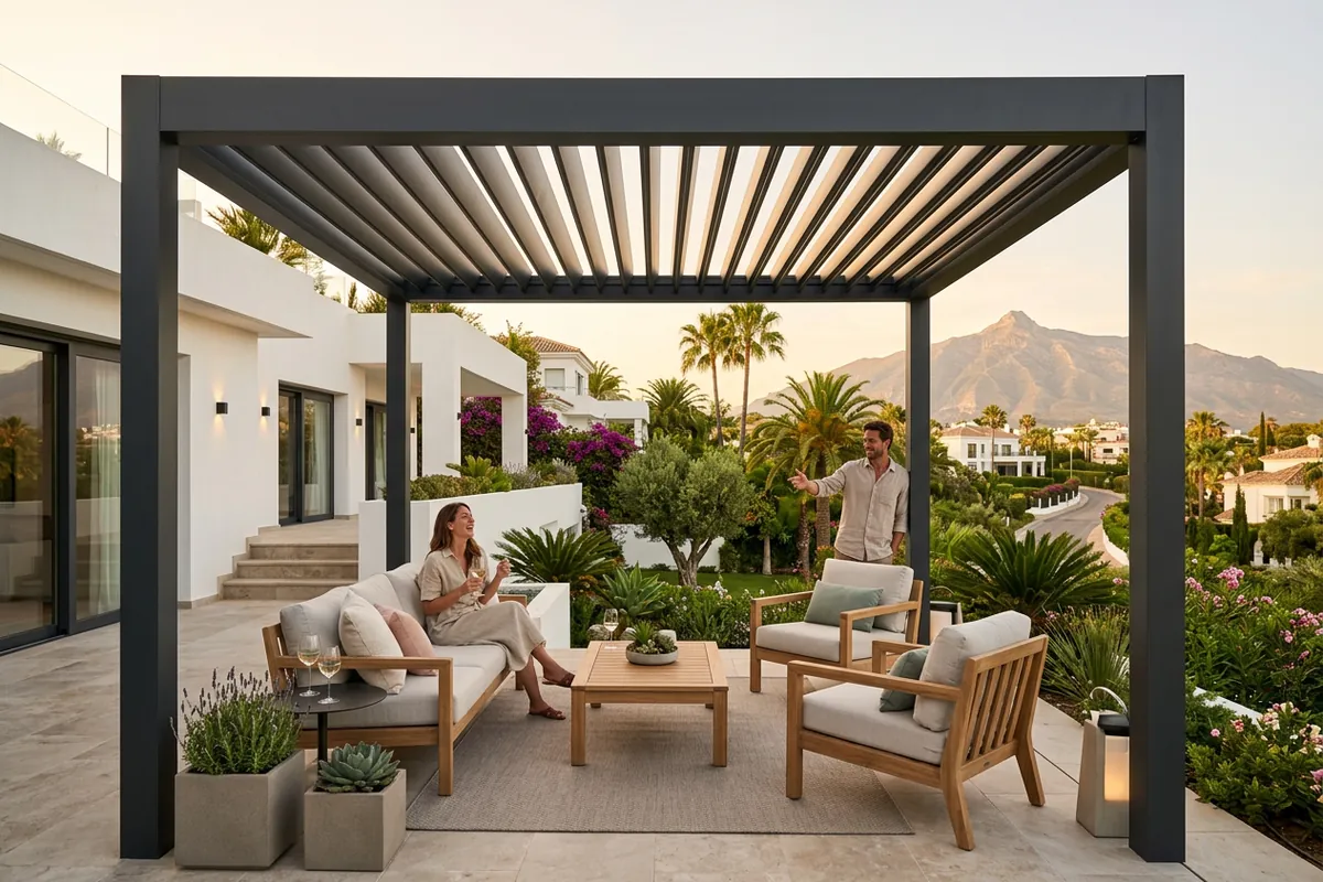 Instalación de pérgolas bioclimáticas en una terraza mediterránea en Nueva Andalucía, Málaga