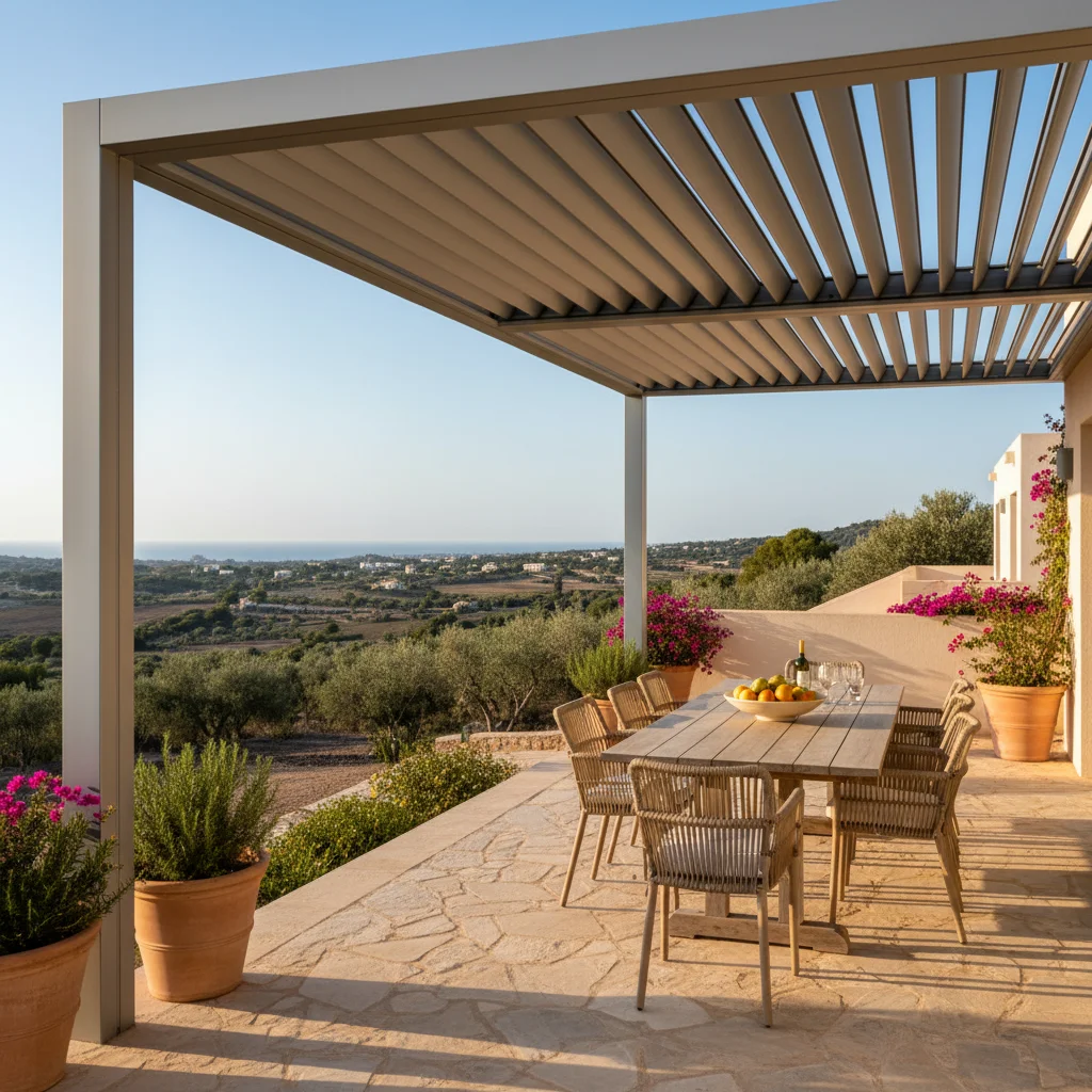 Bioclimatic Pergolas setup on a Mediterranean terrace in Pedreguer, Costa Blanca