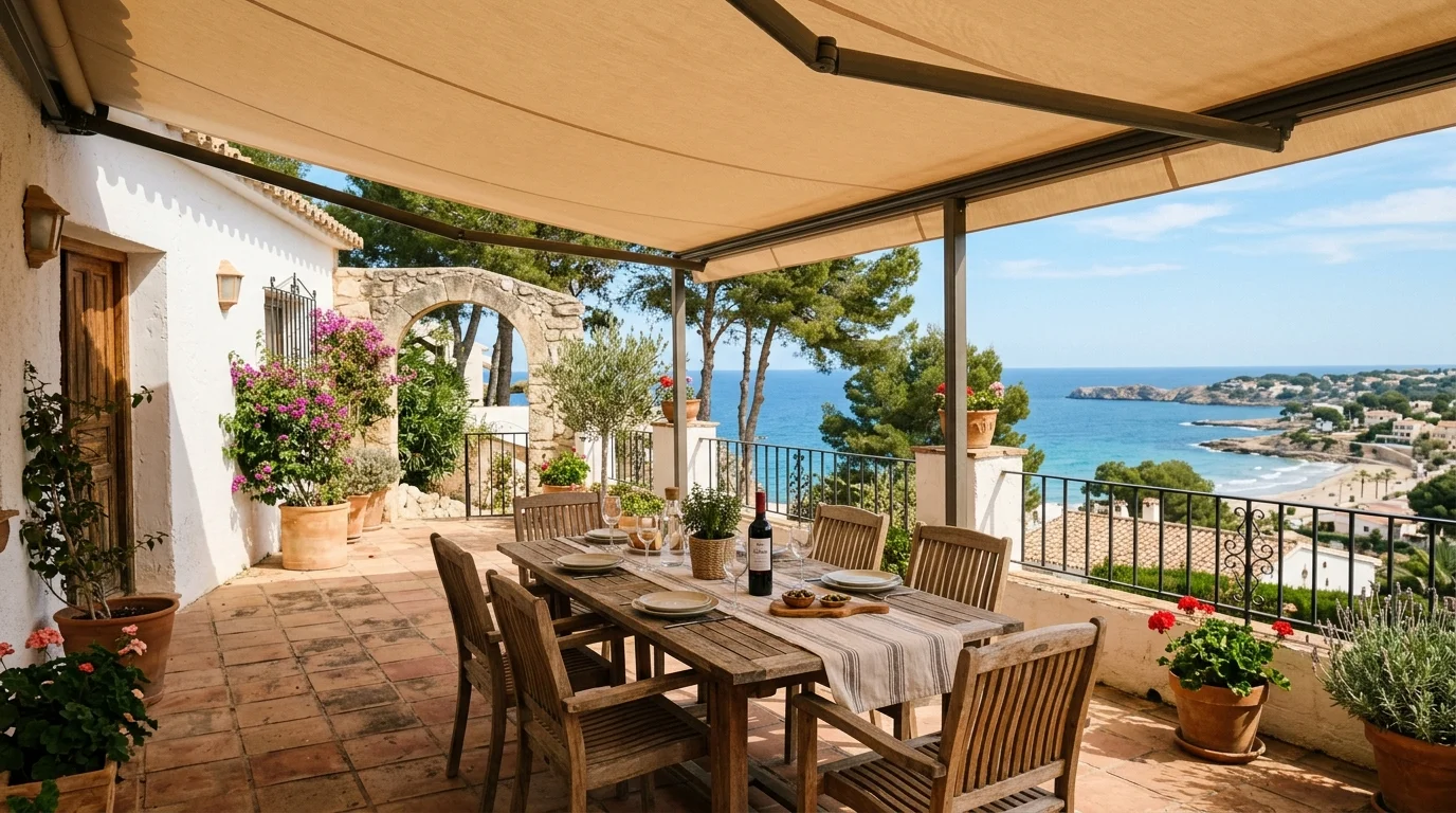Awnings & Toldos setup on a Mediterranean terrace in Pilar de la Horadada, Costa Blanca