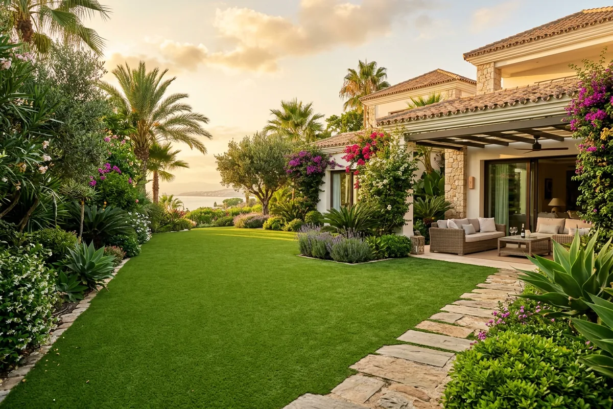 Instalación de césped artificial en una terraza mediterránea en Sotogrande, Málaga