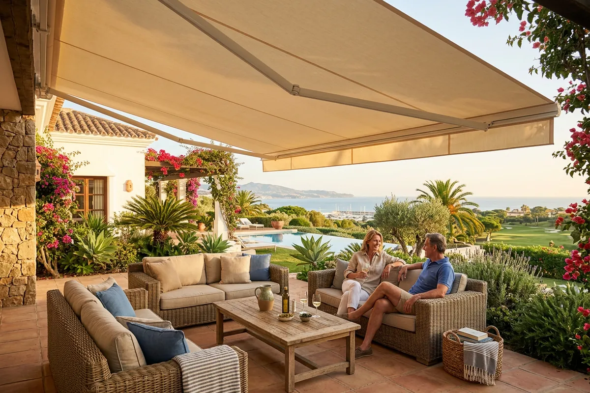 Instalación de toldos en una terraza mediterránea en Sotogrande, Málaga