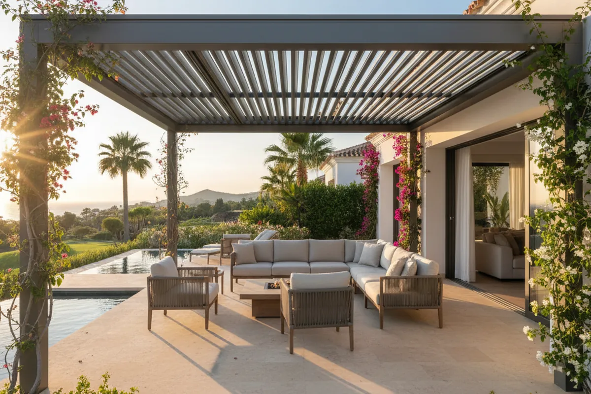Instalación de pérgolas bioclimáticas en una terraza mediterránea en Sotogrande, Málaga