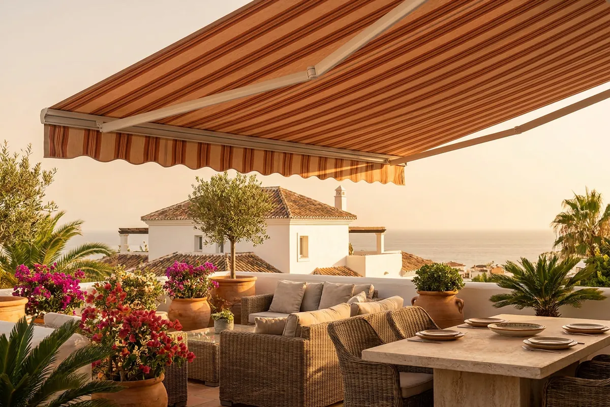 Instalación de toldos en una terraza mediterránea en Torremolinos, Málaga