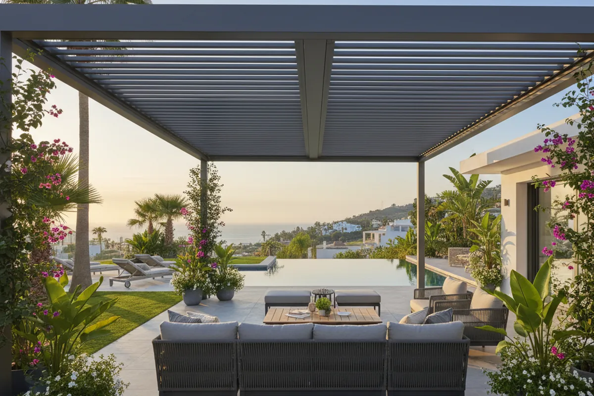 Instalación de pérgolas bioclimáticas en una terraza mediterránea en Torremolinos, Málaga